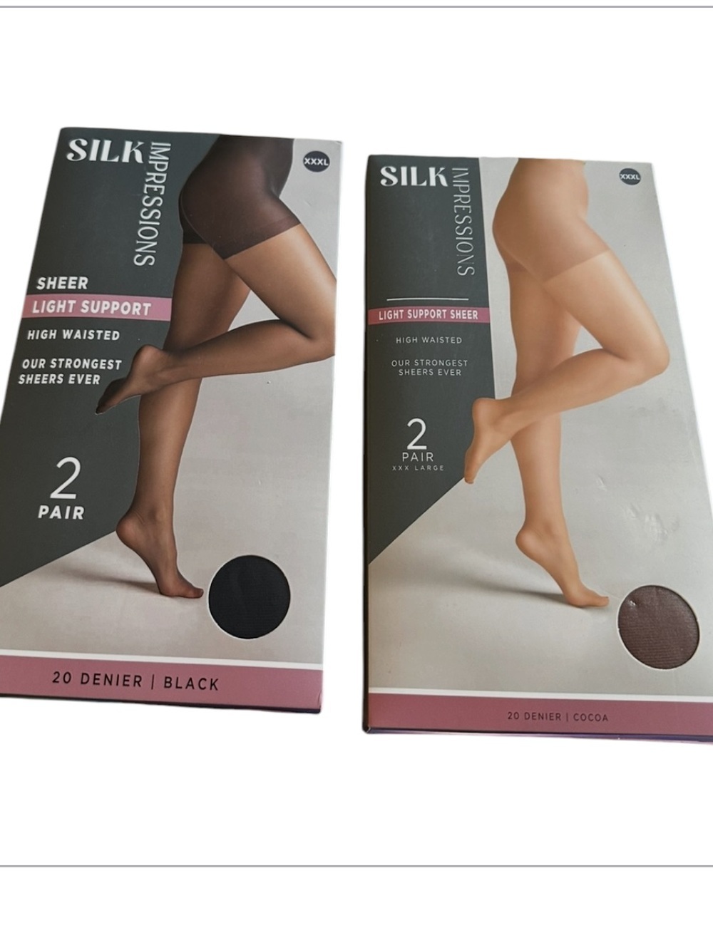 2-Pack Impressions Silk Sheer Light Support Pantyhose - Black & Cocoa (4 pair).